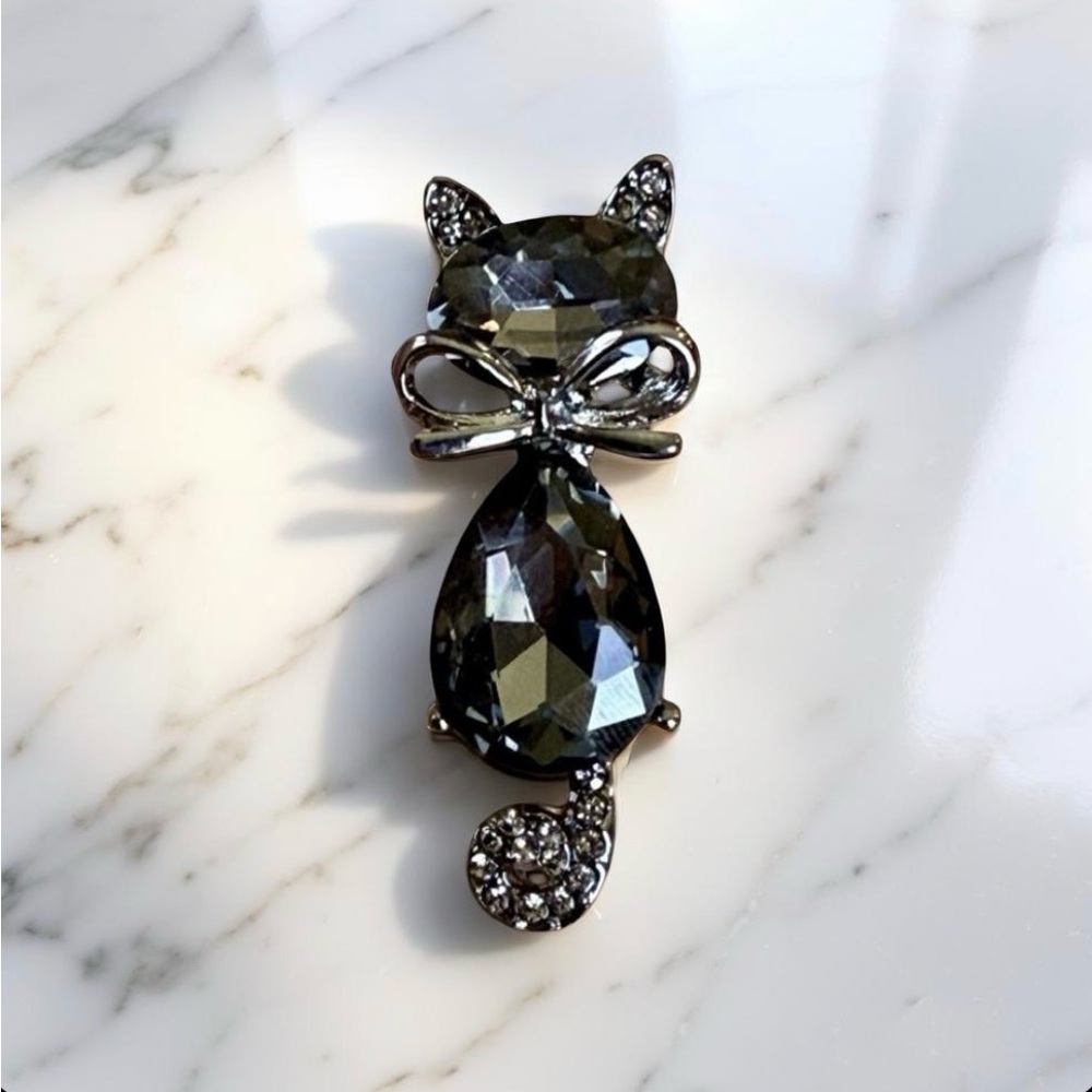 Elegant Black Crystal Cat Brooch
